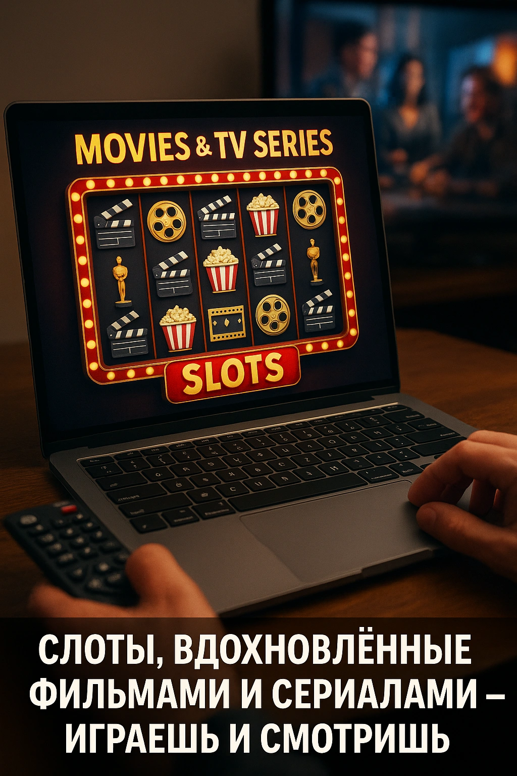 Игрок запускает слот, посвящённый фильмам и сериалам, на ноутбуке с пультом в руке — атмосфера развлечения и кинематографа.