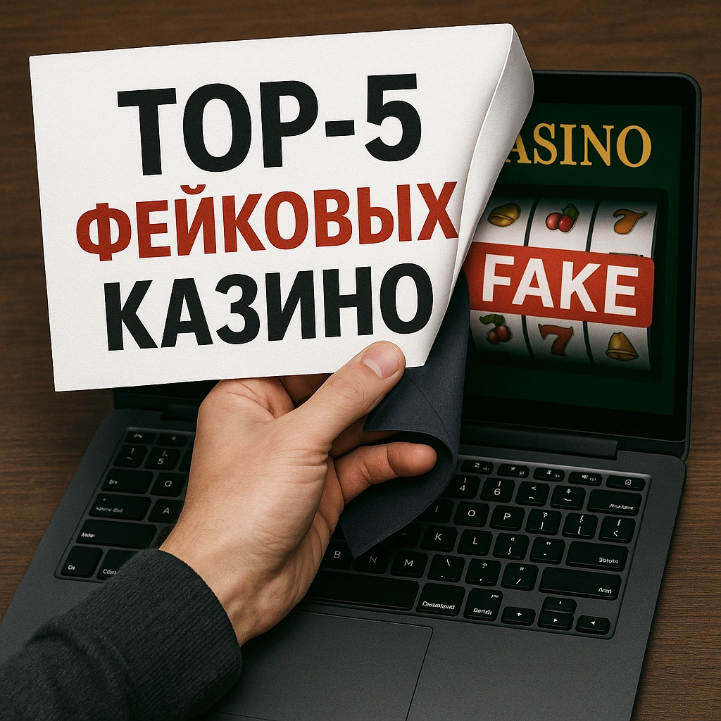 Рука снимает лист с надписью «ТОП-5 фейковых казино», под которым скрыт экран с фейковым онлайн-казино — предупреждение об обмане игроков.