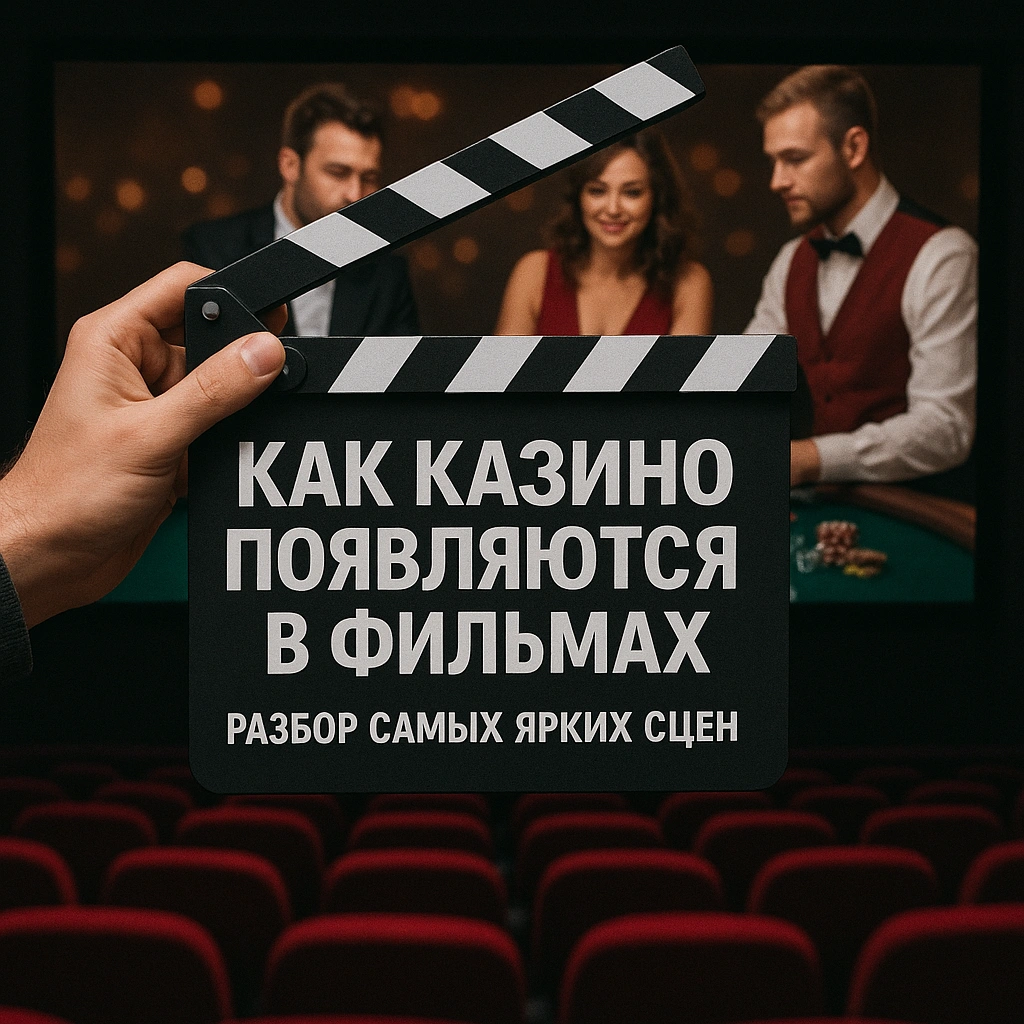 Кинохлопушка с надписью о казино на фоне сцены из фильма с игроками за столом — визуальный разбор появления казино в кинематографе.