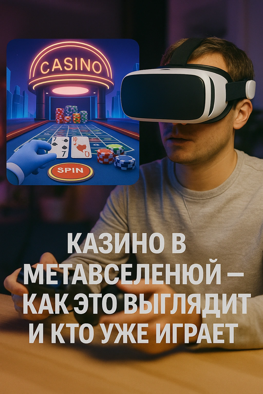 Мужчина в VR-гарнитуре играет в казино метавселенной, на экране — виртуальный игровой стол с фишками и картами.