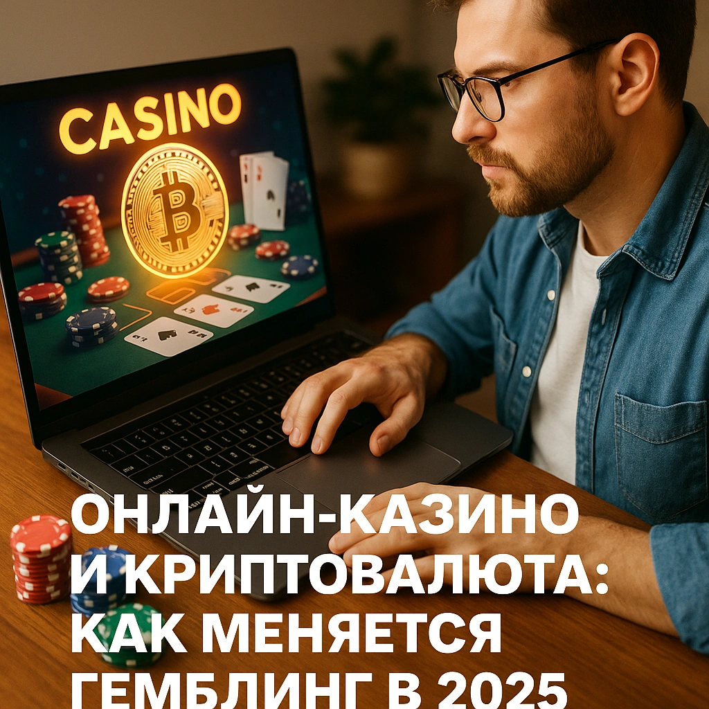 Мужчина играет в онлайн-казино с криптовалютой на ноутбуке — визуализация изменений гемблинга в 2025 году.