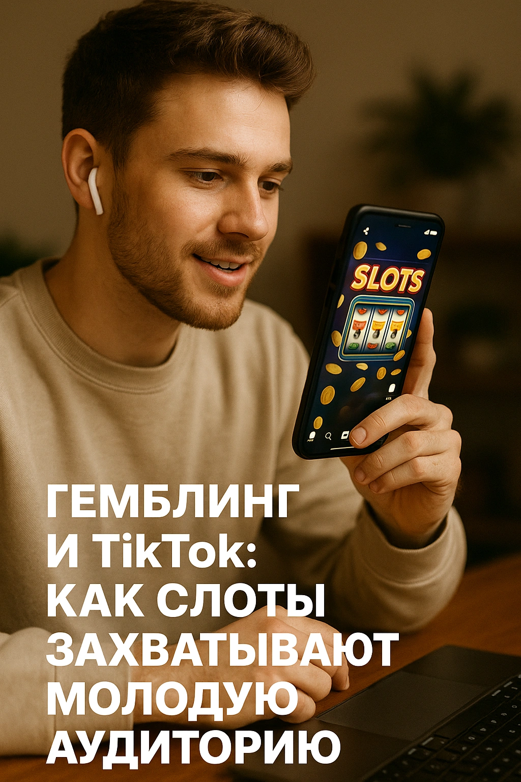 Молодой человек с наушниками смотрит в смартфон с TikTok-слотом — символ влияния слотов на молодую аудиторию в соцсетях.
