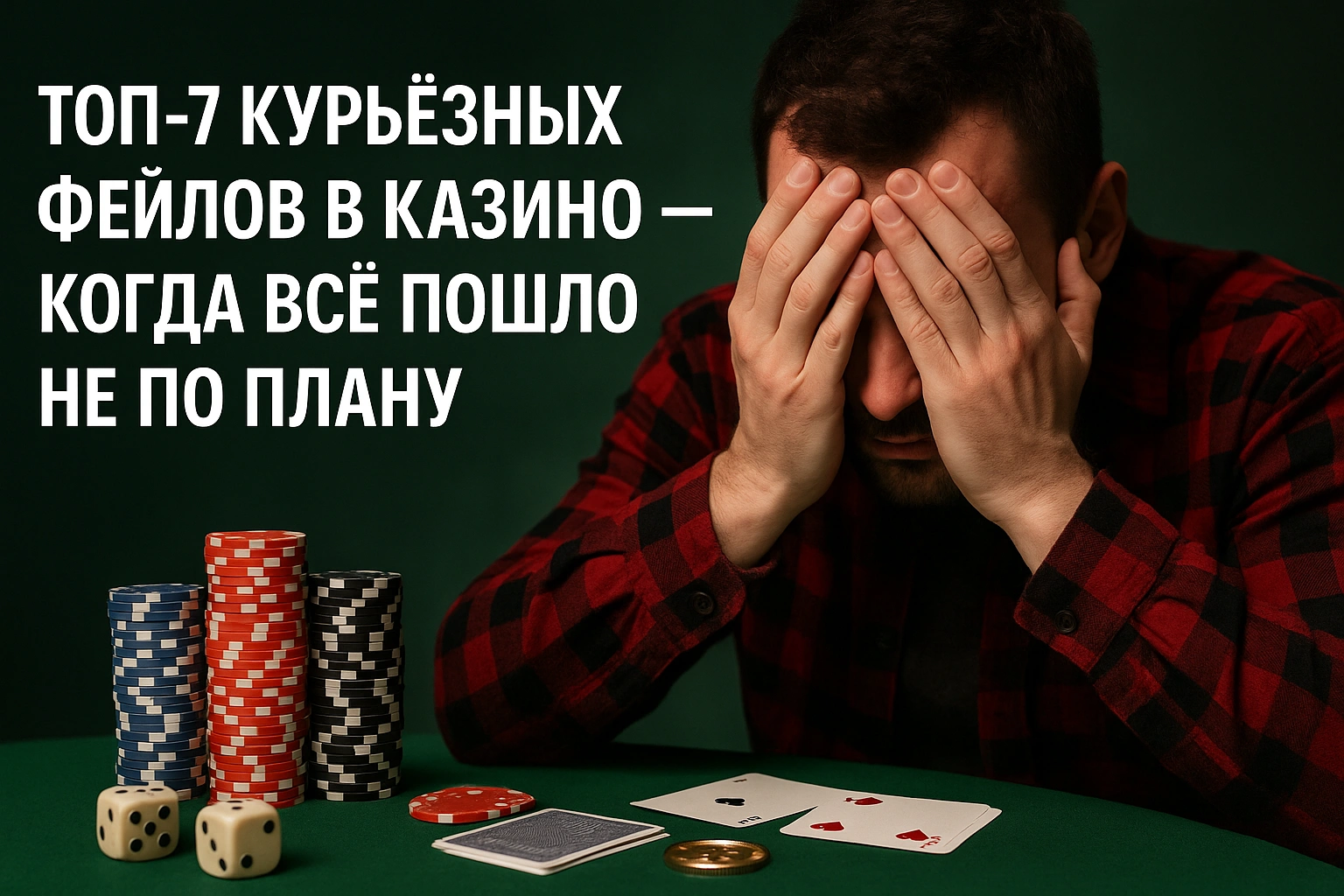 Мужчина с закрытым лицом сидит за столом с картами, фишками и костями — символ неудачи и курьёзных фейлов в казино.